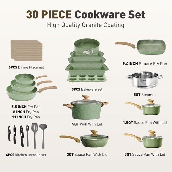 30 Piece Pots and Pans Set, Kitchen Cookware Sets Non Stick | Induction Compatible, PFOA & PFOS Free, Bakeware Sets with Baking Tray, Frying Pan and Saucepan, Green2