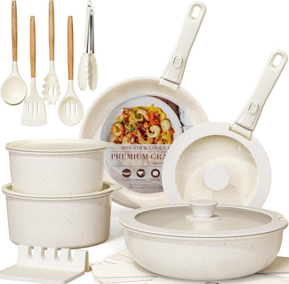 21 Pcs Pots and Pans Set Non Stick, Ceramic Cookware Set Detachable Handle, RV Kitchen Cooking Set Removable Handles, Oven Safe, Induction Ready, Stackable, Cream, Fathers Day Gift for Men1