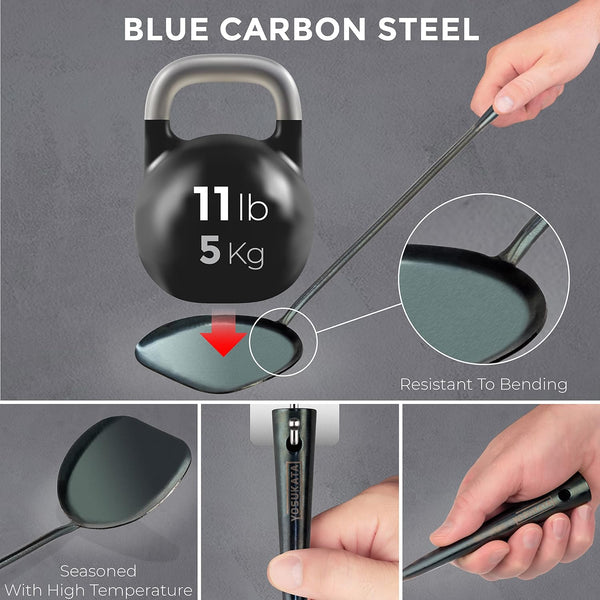 Black Carbon Steel Wok Pan 14" (Round Bottom) with Lid 13.6 Inch - Premium Stainless Cover + Pre-Seasoned - Blue Carbon Steel 17-Inch Spatula, Ladle, 3 Pairs of Chopsticks8