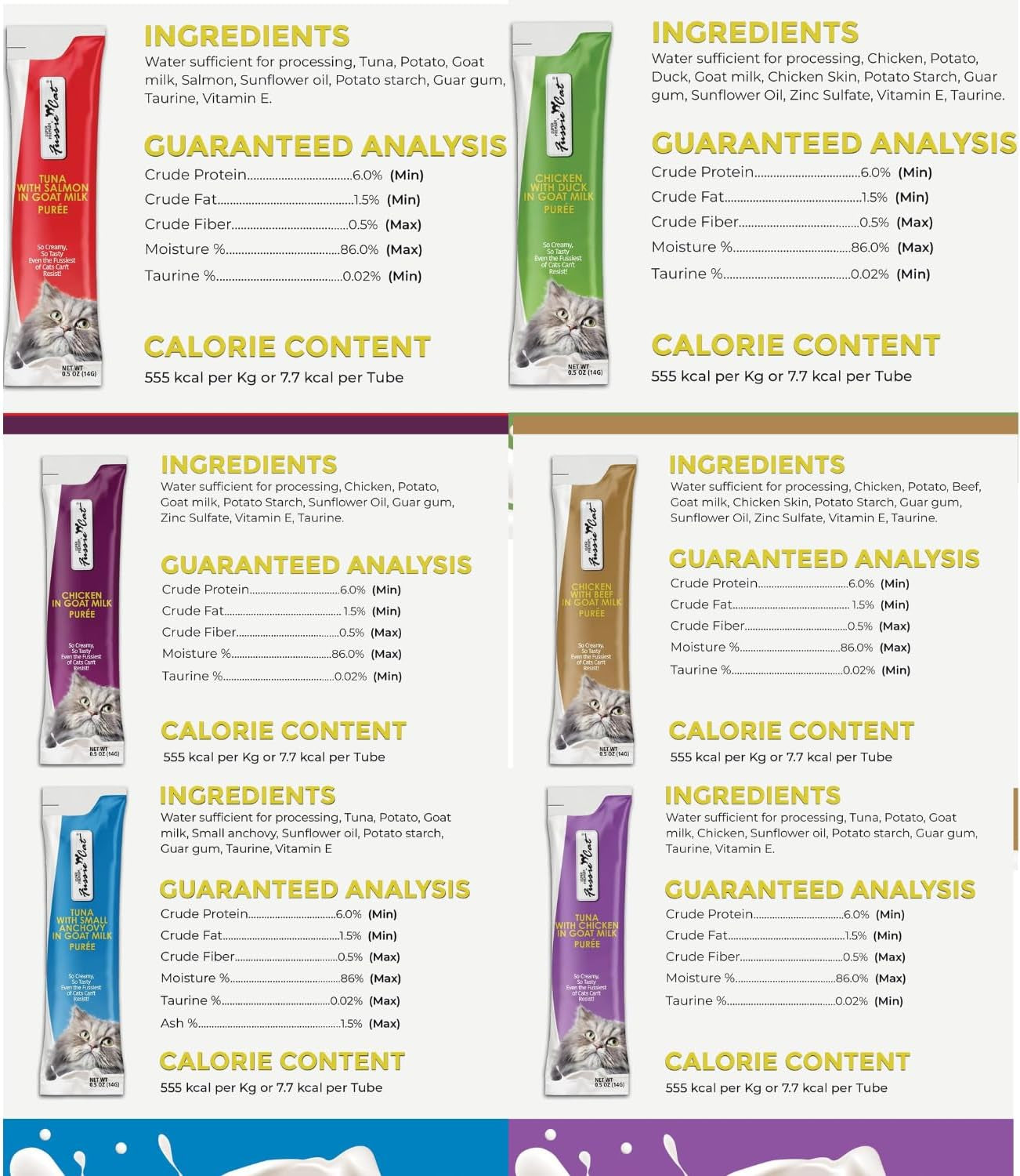 fussie-cat-super-premium-cat-treats-in-goat-milk-puree-lickable-cat-treats-6-packs-of-4-0-5oz-tubes-variety-flavor-pack-of-6-flavors-freeding-spoon