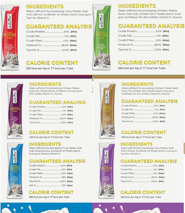 Fussie Cat Super Premium Cat Treats in Goat Milk Puree, Lickable Cat Treats,6 Packs of 4-0.5Oz Tubes, Variety Flavor Pack of 6 Flavors + Freeding Spoon2