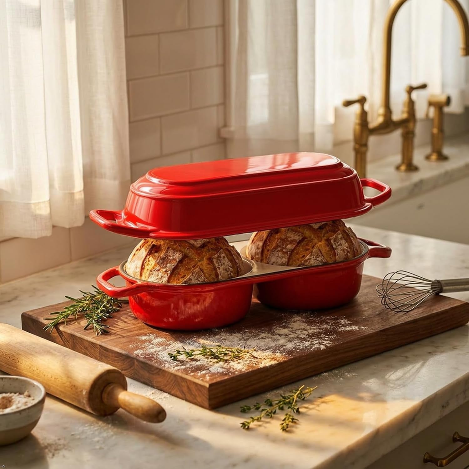 enameled-cast-iron-mini-double-dutch-oven-with-lid-dual-chamber-small-sourdough-loaf-pans-nonstick-bread-pot-for-sourdough-baking-fits-oven-induction-cooktop-red-2-2qt