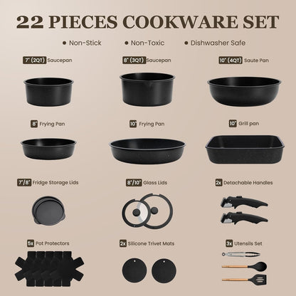 22 Pack Nonstick Pots and Pans Set,  Cookware Set with Detachable Handle, Kitchen Cooking Pans Set with Frying Pan, Grill Pan - Stackable for RV Kitchen, Induction Ready, Dishwasher/Oven Safe2