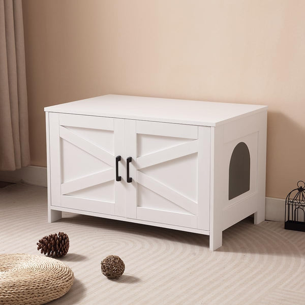 Cat Litter Box Enclosure with Barn Door Wooden Cat Washroom Furniture Litter Box Furniture Hidden End Side Table Pet House Multi Functional Double Cabinet Doors for Bedroom Living White7