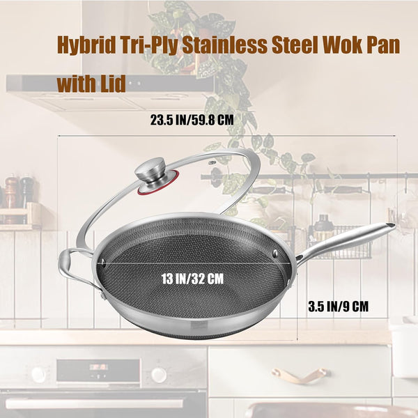 Hybird Nonstick Wok Pan with Lid | 13-Inch | Detachable Handle | Non Toxic | Tri-Ply Stainless Steel | Ceramic Coating | Stir Fry Pan | Induction Compatible | Dishwasher & Oven Safe6