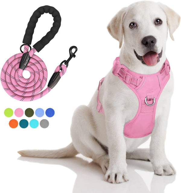 Poypet No Pull Dog Harness and 5 Feet Leash Set, Release on Neck Reflective Adjustable Pet Vest, Front & Back 2 D-Ring and Soft Padded Pet Harness with Handle for Small to Large Dogs(Grey,L)17