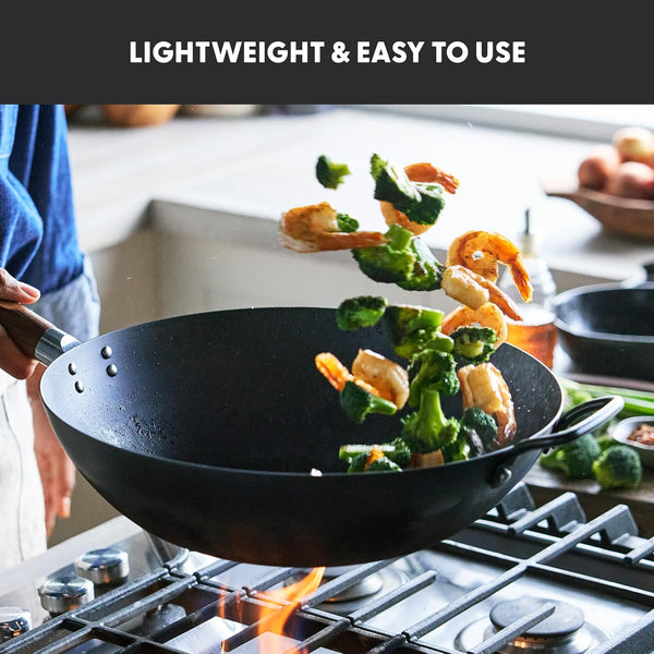 Carbon Steel Wok 14”, Flat Bottom, Durable Stir-Fry Pan, Pre-Seasoned Ready to Use, High Heat Retention, Induction, Ash Wood Handle, Kyoto, Black5