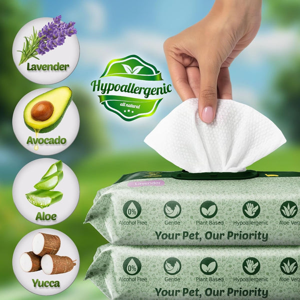 Petazy Pet Wipes for Dogs and Cats – 400 Count (8X8In) Hypoallergenic, Deodorizing Dog Wipes for Paws, Ears and Butt | XL with Aloe & Coconut Oil, Lavender Scented | Includes 4 Grooming Glove Wipes8