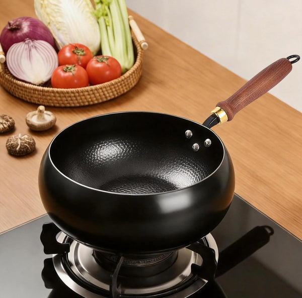 Fast-Heating Cast Iron Stir-Fry Pan Deep round Base with Wooden Handle-24Cm | Hand-Hammered Household Uncoated Cast Iron Wok, Uncoated Thick-Walled Cast Iron Potfor Stir-Fry, Sear, Braise.5