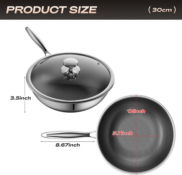 Wok,Hybrid 12-Inch Wok with Lid,Nonstick Stainless Steel Woks & Stir-Fry Pans,Dishwasher-Friendly,Pfas PFOA PTFE Free, Oven-Safe up to 600°F,Compatible with All Cooktops6