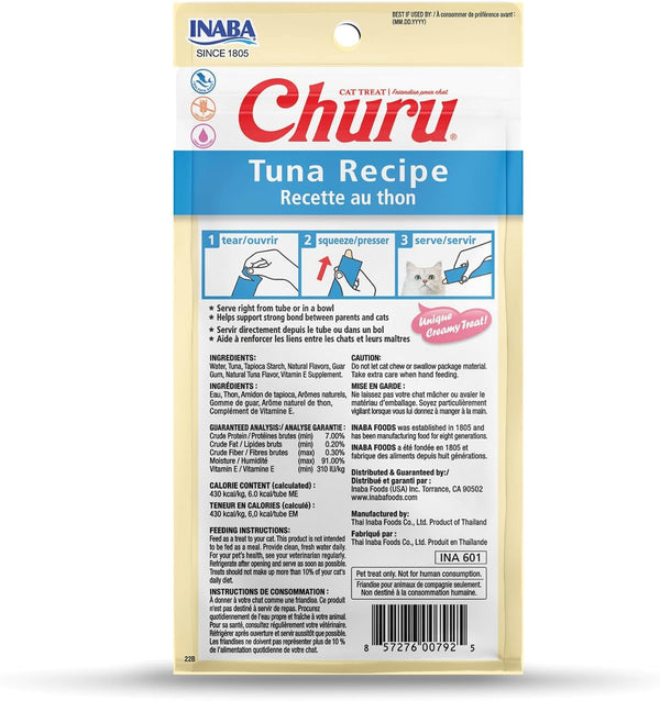 INABA Churu Cat Treats, Creamy Lickable Purée Cat Treat with Vitamin E, 0.5 Ounces Each Tube, 4 Tubes, Tuna Recipe2