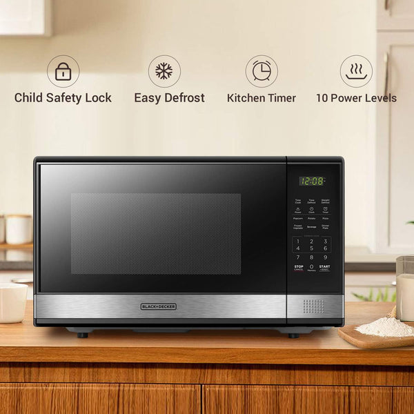 BLACK+DECKER Microwave Oven Countertop, 1.1 Cu.Ft, 1000W, Stainless Steel | Push-Button Door, Child Safety Lock, 6 Auto Cook Presets, 10 Power Levels3
