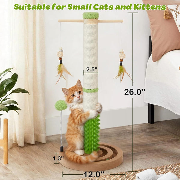 Cat Scratching Post, 26" Tall Scratch Post with Hanging Toy for Indoor Cats | Sisal Cat Scratcher Post with Grooming Brush, Double-Layer Interactive Wooden Ball Track, for Small Cats and Kittens Play4