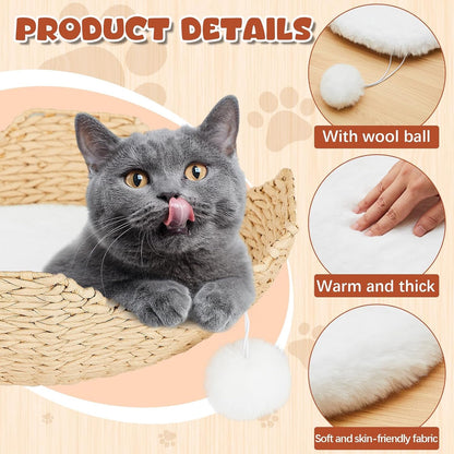 Abbylike 3 Pack 14" round Cat Dog Bed Cushion Pad Mat Faux Rabbit Fur Pet Sleeping Mat with Small Ball Warm Plush anti Slip Washable Cat Tree Tower Replacement Cushion Pad for Carrier Crate, White3