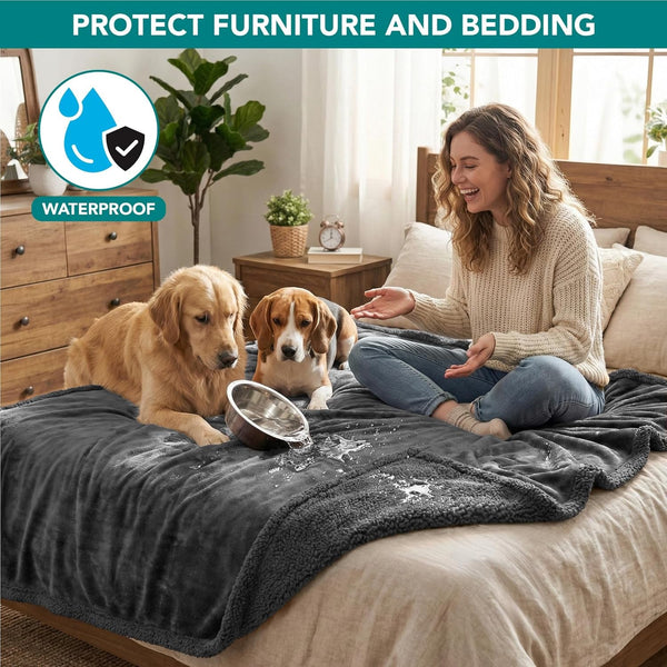 Petami Waterproof Dog Blanket for Couch, Extra Large 80X60, Pee Proof Sherpa Fleece Reversible Pet Throw, Furniture Protector for Bed Sofa Crate Kennel, Soft Washable Cover for Dog Cat, Grey Sherpa7