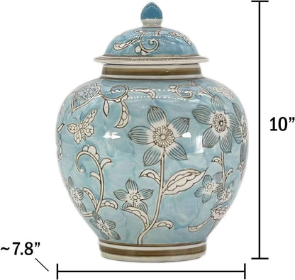 Light Blue and White Floral Chinoiserie Ginger Jar 10" with Lid - Ginger Jar, Tea Storage, Decorative, Home Decor Jar5