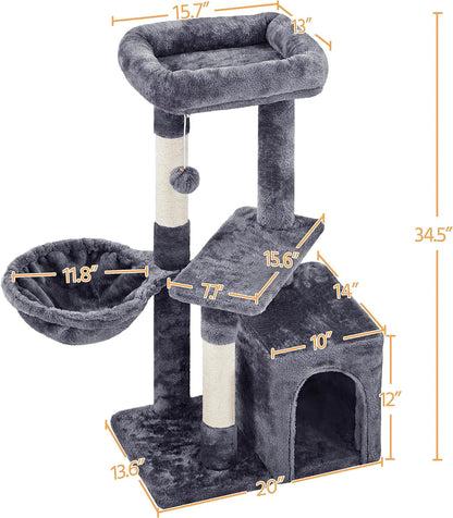Yaheetech 34.5In Scratching Post, Cat Scratchers for Indoor Cats and Kittens, Multifunctional Activity Post W/Sisal Rope＆Dangling Ball＆Large Condo, Dark Gray3