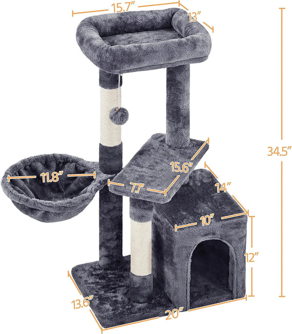 Yaheetech 34.5In Scratching Post, Cat Scratchers for Indoor Cats and Kittens, Multifunctional Activity Post W/Sisal Rope＆Dangling Ball＆Large Condo, Dark Gray3