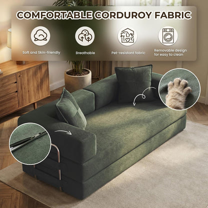 78 Inch Convertible Sofa Bed, 5-In-1 Futon Sofa Bed Pull Out Couch, Boneless Couch Bed for Living Room, Corduroy Boneless Couches for Bedroom, Apartment, No Assembly Sleeper Sofa Bed, Green5