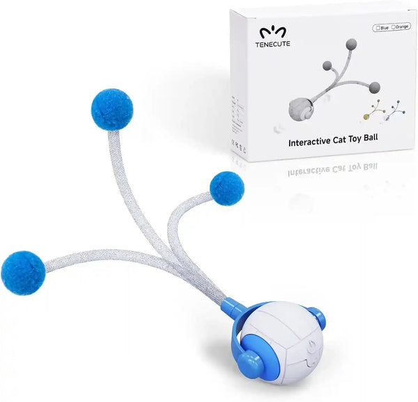 Cat Toys for Indoor Cats, Interactive Cat Toy Ball with Pom-Pom Tails, Automatic Cat Toy Self Play Exercise Toy to Relieve Boredom for Kitten & Adult Cats (Blue)1