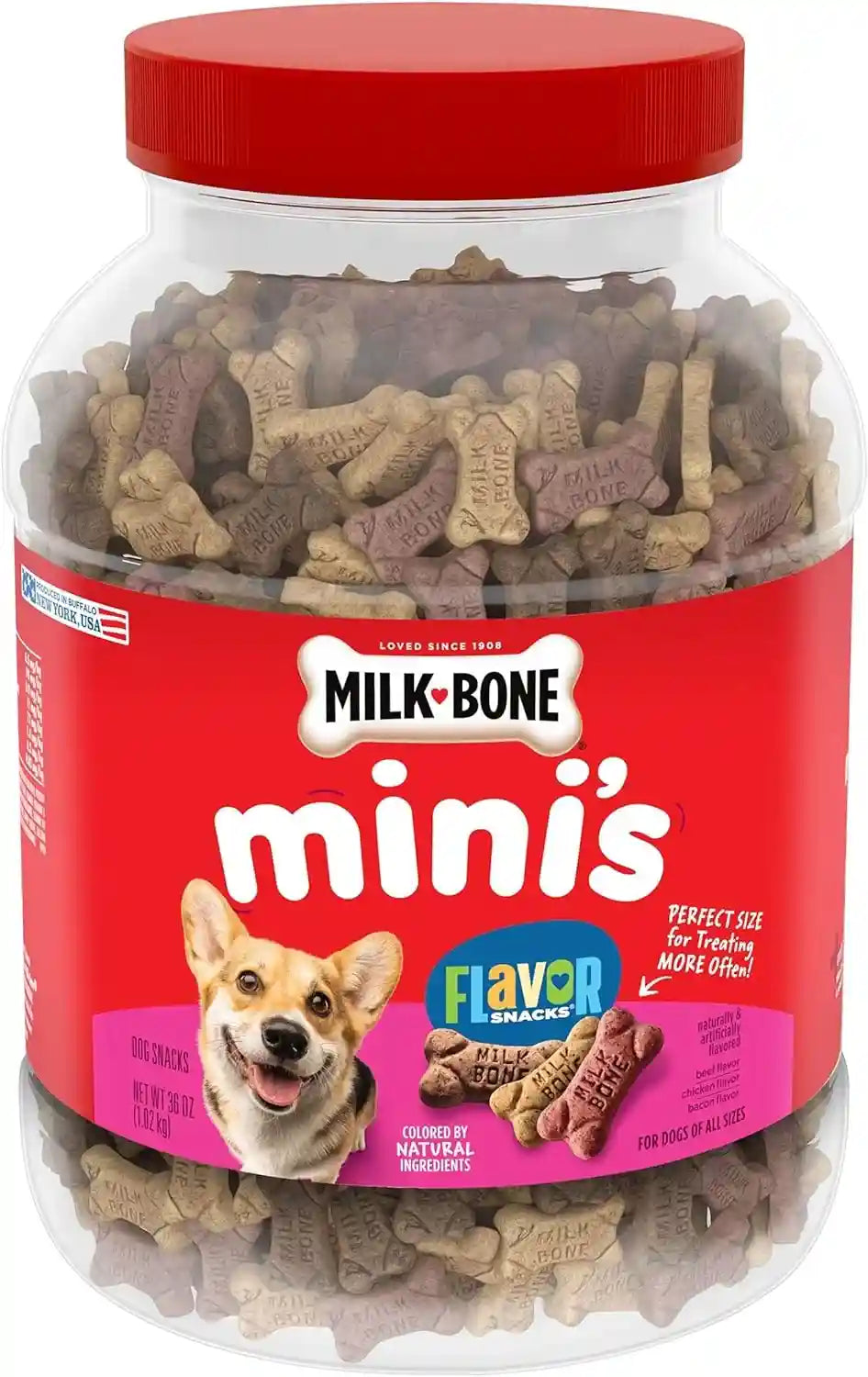 milk-bone-flavor-snacks-mini-s-dog-biscuits-flavored-crunchy-dog-treats-36-oz-canister-5-calories-per-treat-15-protein-3-flavors-per-canister-beef-chicken-bacon-naturally-artificially-flavored