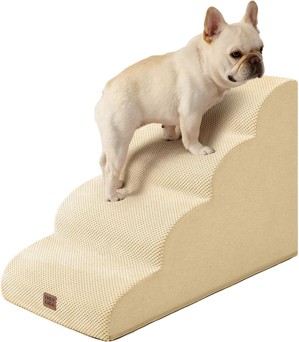 EHEYCIGA Curved Dog Stairs Ramp for 5-Step High Beds, 22.6" H Dog Steps | 33D Density of Pure Foam, for Small Dogs and Cats, Pet Stairs for High Bed Climbing, Non-Slip Balanced Pet Step Indoor, Grey10