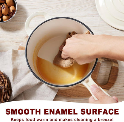 2Qt Enameled Cast Iron Sauce Pan,  Dutch Oven Pot with Lid, Non Stick Cooking Simmer Pots Induction Kitchen Cookware for All Cooktops Baking Bread, Soup, Ramen - up to 500°F, Cream White5