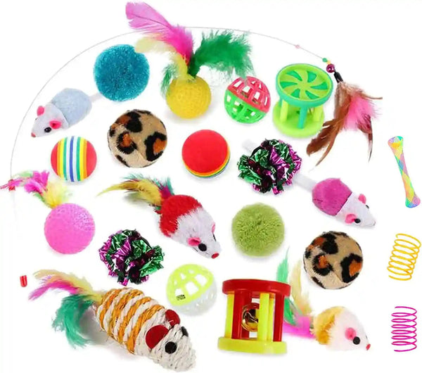 32Pcs Cat Toys Kitten Interactive Pet Toys Assortments, Foldable Rainbow Tunnel, Teaser Wand Fluffy Mouse Crinkle Balls Bell Play for Puppy Kitty (3 Way)5
