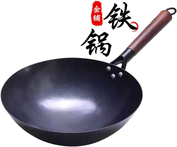 Chinese 100% Hand Hammered Iron Woks Stir Fry Pans, Non-Stick, No Coating, Less Oil, Black Seasoned Wooden Handle (Chef-12 Inch)1