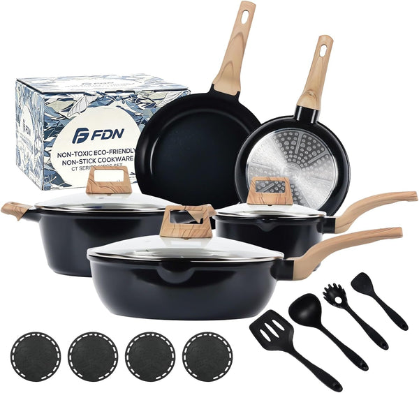 16Pcs Titanium Pots and Pans Set,Toxic-Free Cookware Set, Dishwasher & Oven Safe, Induction Compatible with Bakelite Wood Grain Handle, Compact and Durable1
