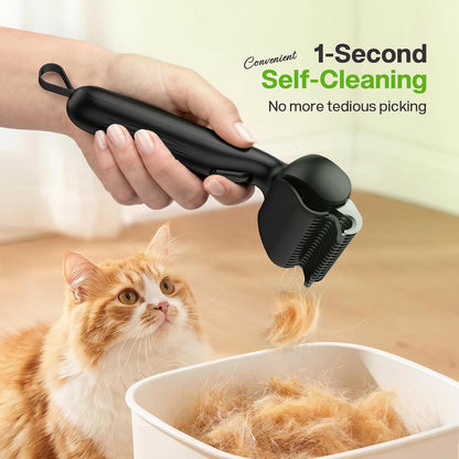Pecute Self-Cleaning Undercoat Rake for Dogs Cats with Thick Double Coats | 1-Click Clean, 304SS, 18 Rounded Teeth, for Seasonal Heavy Shedding & Matting, Gentle on Pets, Ideal for Long/Dense Coats2