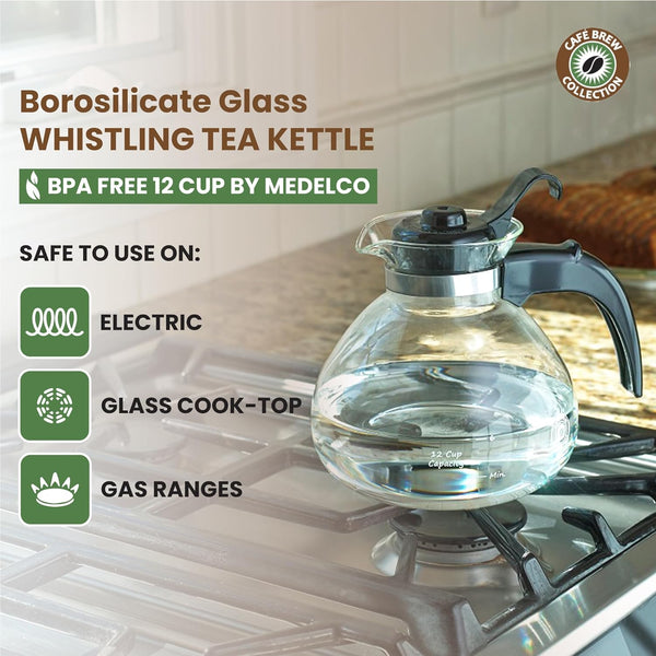 Café Brew Glass Tea Kettle, 12 Cup | German Borosilicate Glass. Gas & Electric Stovetop Safe. Heat Resistant. Whistles at Boil. 12-Cup Capacity.2