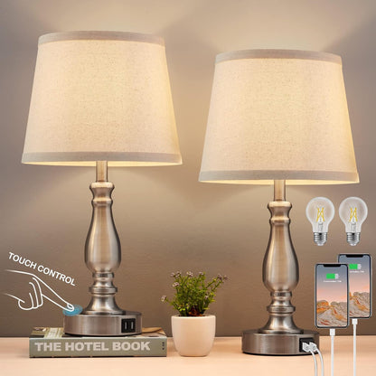 Lamps for Bedrooms Set of 2, Brushed Nickel Bedside Lamps with USB C+A Ports,Dimmable Nightstand Lamps with Fabric Lampshade, Touch Table Lamp for Living Room Bedroom Office, Bulbs Included1
