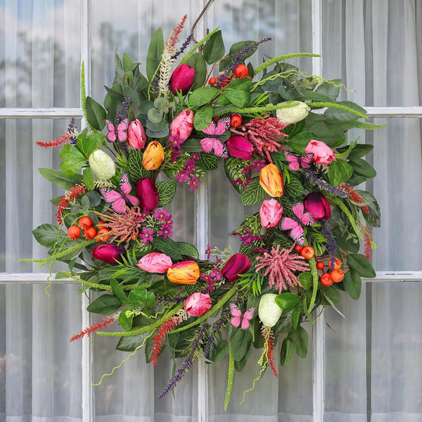 Wreaths for Front Door 24 Inch Artificial Spring Wreath with Tulip,Roses,Eucalyptus Leaf, Berry, Butterflies,Summer Wreath for Home Wall Porch Window Easter Year-Round Indoor/Outdoor Decor5