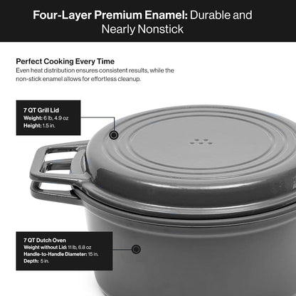 7 QT Enameled Cast Iron Dutch Oven - Chip-Resistant Enamel Coating - Thick Iron Core for Heat Retention - Large Cooking Surface - Oven Safe, Induction Compatible - Grill and Silicone Lid, Gray4