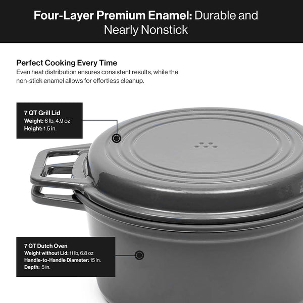 7 QT Enameled Cast Iron Dutch Oven - Chip-Resistant Enamel Coating - Thick Iron Core for Heat Retention - Large Cooking Surface - Oven Safe, Induction Compatible - Grill and Silicone Lid, Gray4