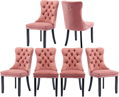 Pink Velvet Dining Chairs Set of 6, Tufted Back with Ring Pull | Nailhead Trim; Padded Seat and Back; Solid Wood Legs; Armless Design; Modern Style; Dining Room, Kitchen or Restaurant；1