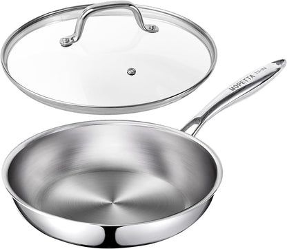 10 Inch Tri-Ply Stainless Steel Frying Pan with Lid,No Coatings PFOA&PTFE Free Skillets,Chef'S Pans,Dishwasher and Oven Safe Cookware, Compatible with All Cooktops1