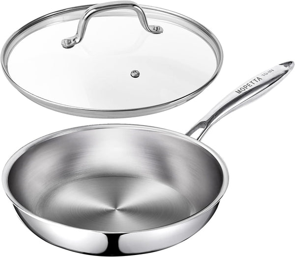 10 Inch Tri-Ply Stainless Steel Frying Pan with Lid,No Coatings PFOA&PTFE Free Skillets,Chef'S Pans,Dishwasher and Oven Safe Cookware, Compatible with All Cooktops1