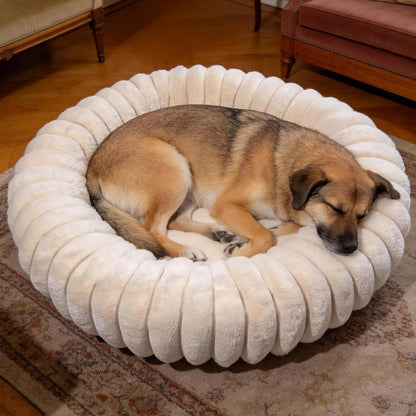Donut Dog and Cat Bed, Luxurious Comfortable Faux Rabbit Fur Pet Beds, round Anti-Anxiety Calming Puppy Kitten Bed with Anti-Slip Bottom for Small Medium Dogs & Cats(20", White)15