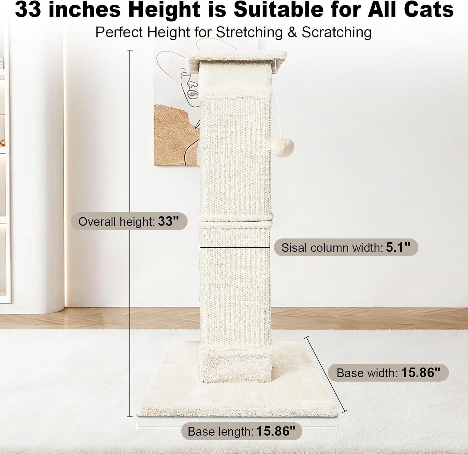 cat-scratching-post-33-inch-for-indoor-cats-sisal-cat-scratcher-vertical-posts-with-dangling-ball-high-cat-scratch-post-cat-tree-for-full-body-stretching-protect-your-furniture-beige-white