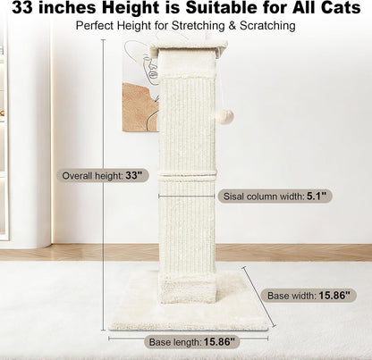 Cat Scratching Post 33 Inch for Indoor Cats, Sisal Cat Scratcher, Vertical Posts with Dangling Ball, High Cat Scratch Post, Cat Tree for Full-Body Stretching, Protect Your Furniture, Beige White2