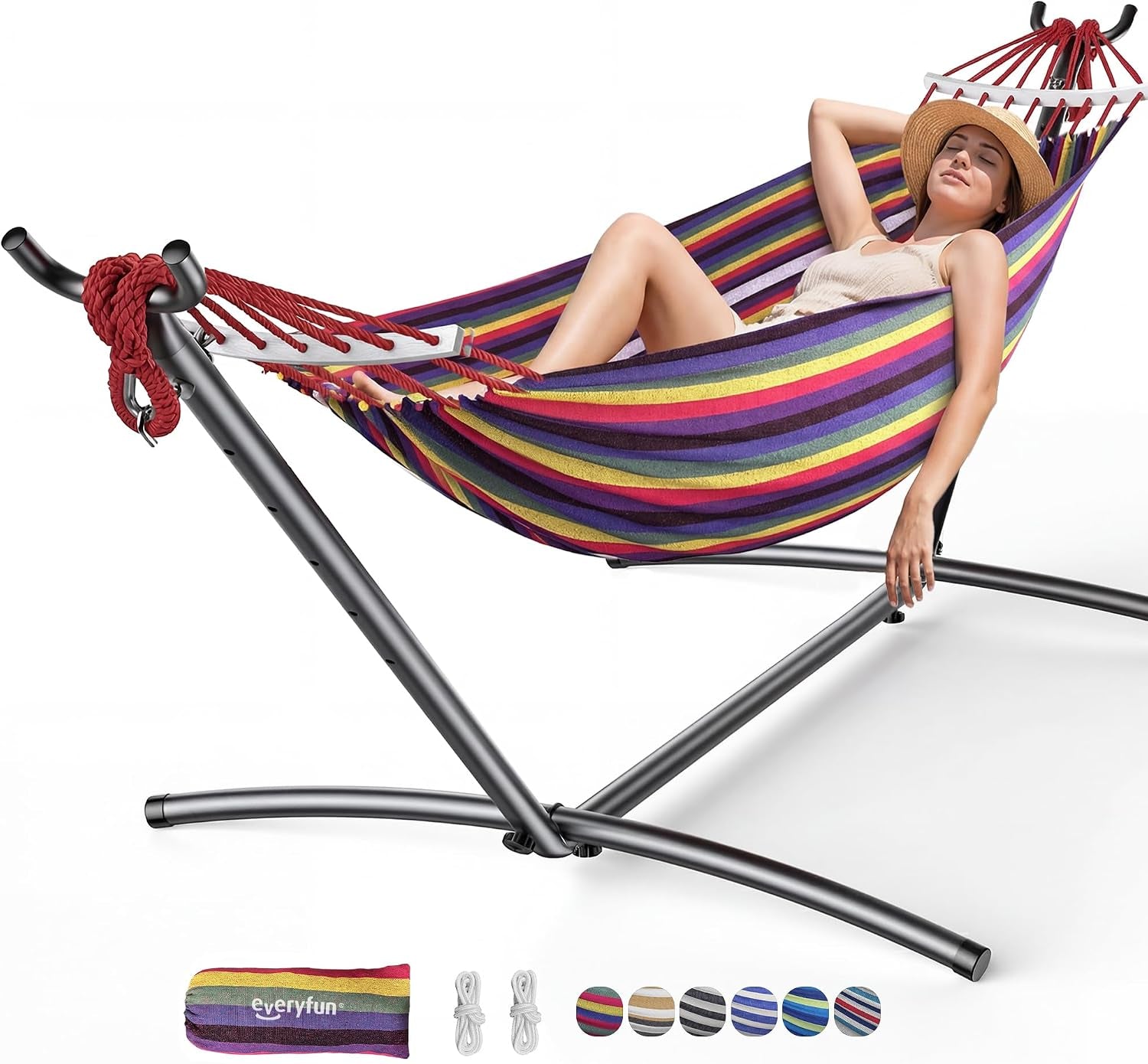 double-hammock-with-stand-for-2-person-600-lbs-heavy-duty-cotton-bed-with-steel-stand-free-standing-for-outdoor-indoor-patio-carrying-bag-included