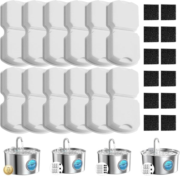 GIOTOHUN Cat Water Fountain Filter: 24 Cat Fountain Filter Replacement - 12 Filters & 12 Sponges - 6 Months Set of 24 Pet Fountains Filters for ATMZIQXR GIOTOHUN KOOGMOON UMOCUOY IHOUONE HOOISE1