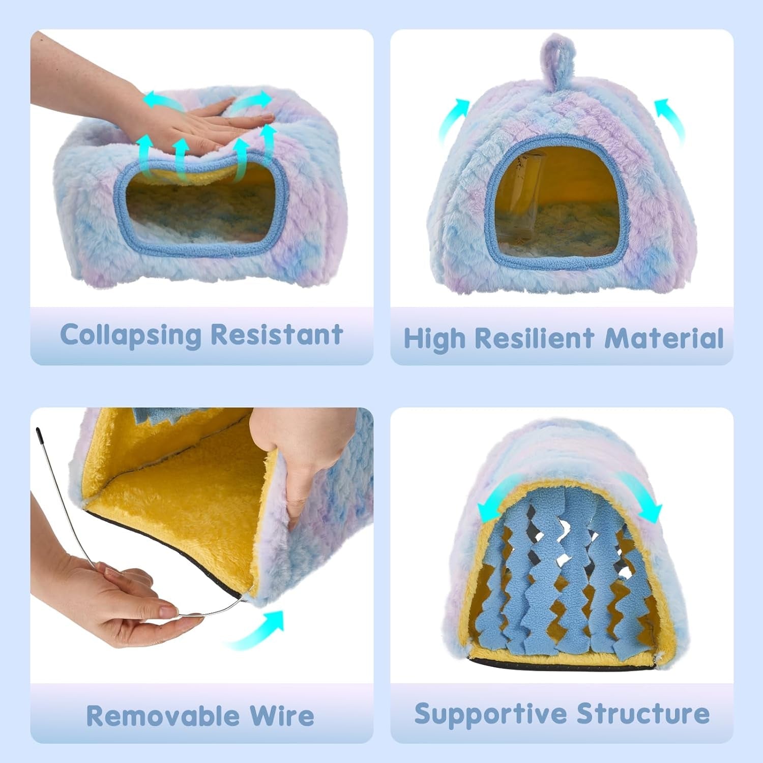 avont-2-pack-guinea-pig-tunnel-hideout-bed-set-washable-hideout-tunnel-set-breathable-fleece-dual-entrances-removable-pad-blue-or-yellow
