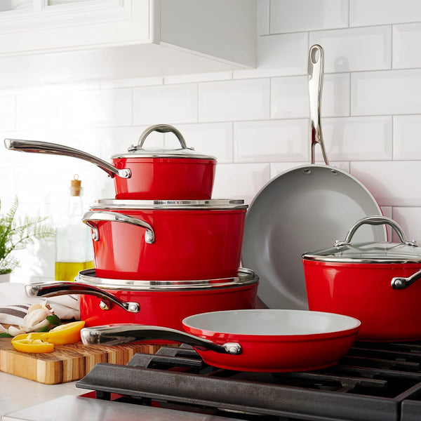 10-Pc Ceramic Non Stick Pots and Pans Set with Lids | Heavy-Gauge Aluminum Cookware Kitchen Set with Ceramic Nonstick Coating, Dishwasher and Oven Safe (Red)2