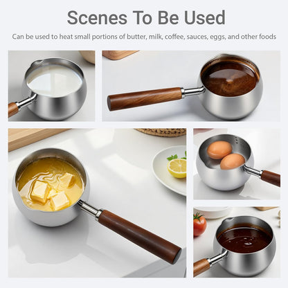 17Fl Oz (500Ml) Stainless Steel Mini Pot Butter Warmer, Milk and Coffee Heater, Seafood Butter Warmer, Chocolate Melting,With Pour Spout and Wooden Handle,Induction Cooker Available4
