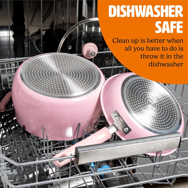 Clean Ceramic Non-Stick Aluminum Cookware Set, Tempered Glass Lid, Dishwasher Safe, 16-Piece, Pink6