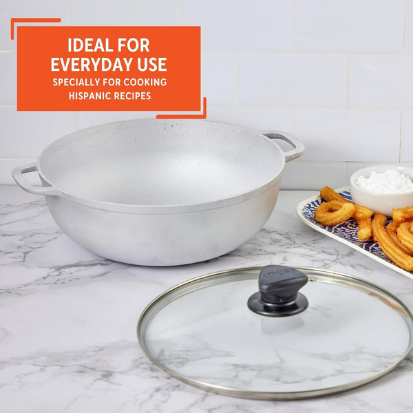 7 Qt Cast Aluminum Caldero Dutch Oven with Glass Lid | 30 Cm Diameter, Glass Lid with Riveted Handles, Heavy Bottom, Oven Safe, Rice Pot for Stews, Soups and Beans, Polished Finish7