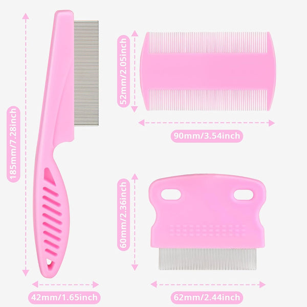 Flea Comb for Dogs and Cats - Lice Comb with Rubber Handle - Promotes Hair Growth and Removes Loose Hair, Knots, and Flakes Flea Brush for Pets(3P,Pink)2